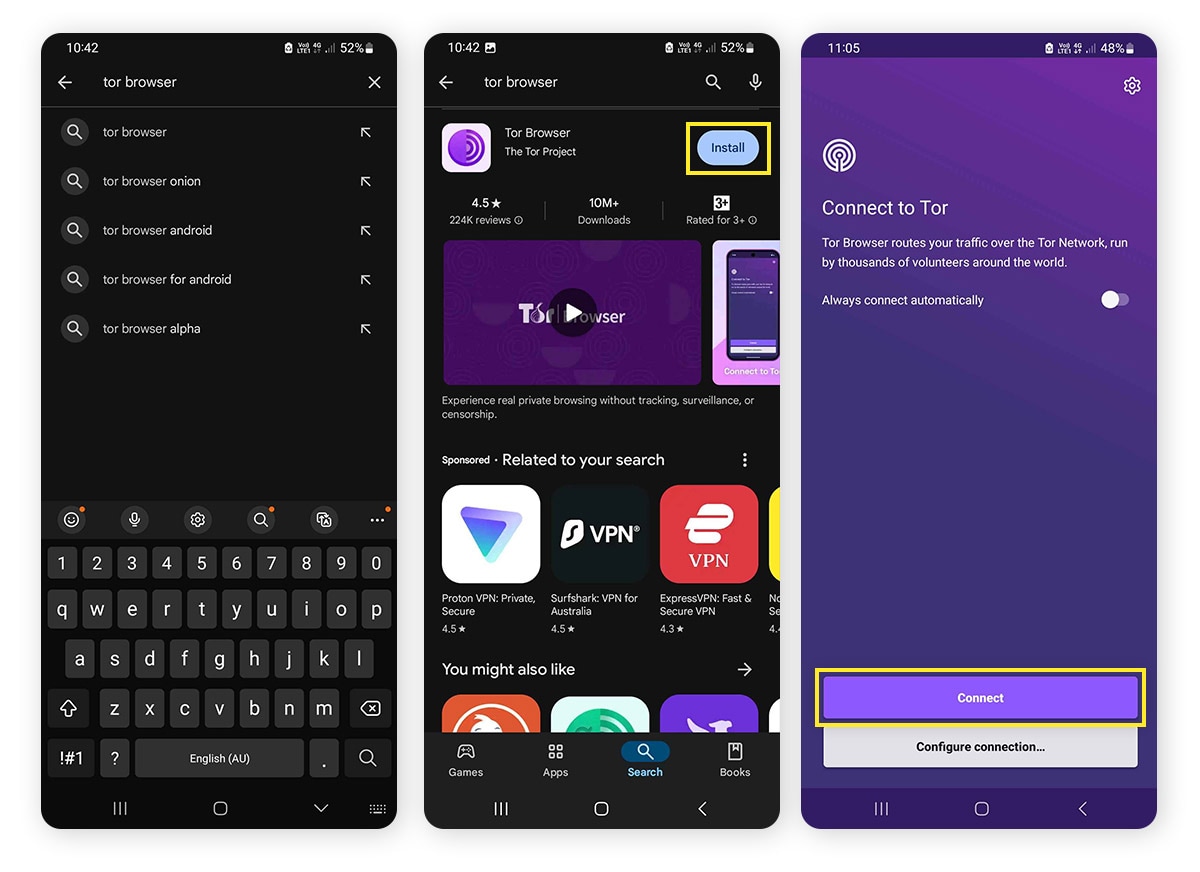 Installing and connecting to the Tor Browser on Android.