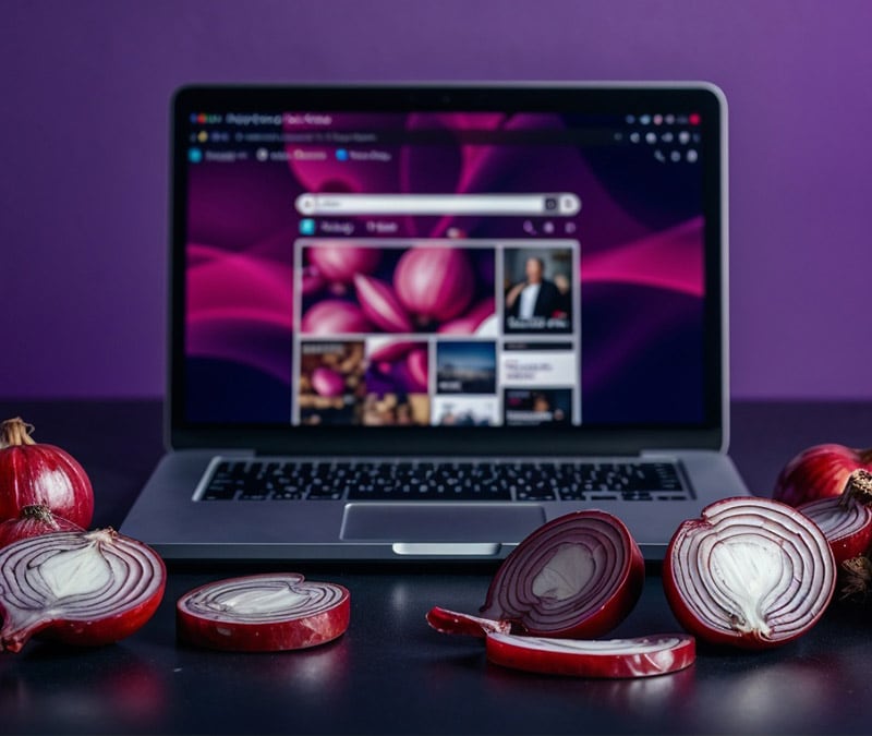 A computer surrounded by slices of red onion with their layers on display, representing the Tor browser.
