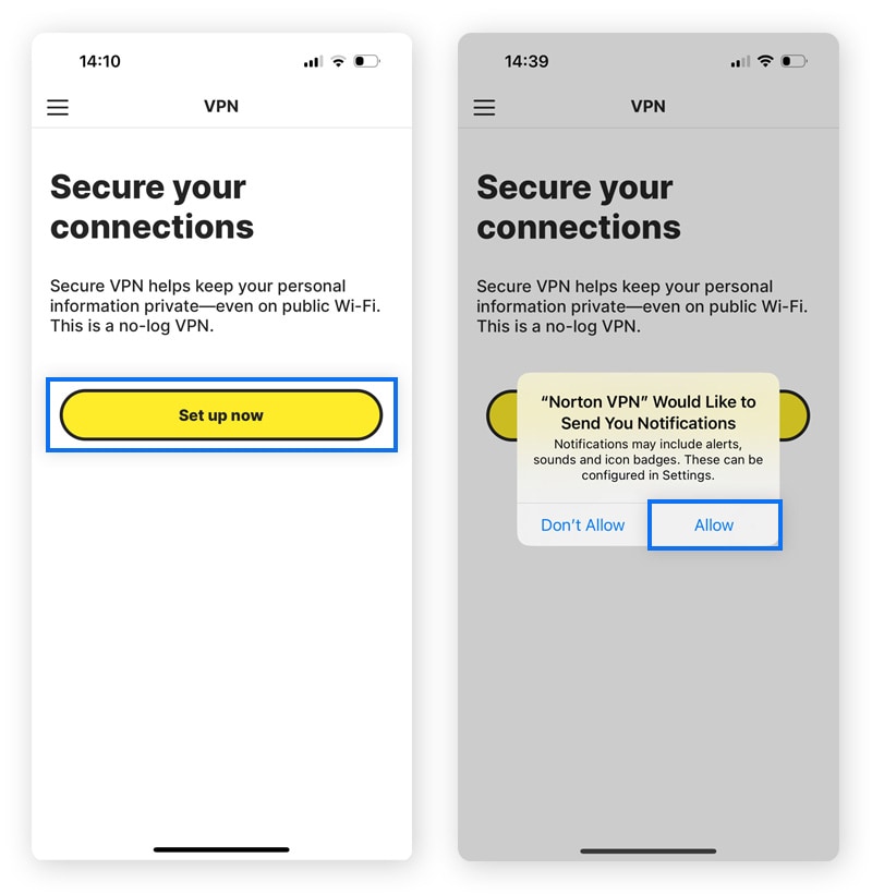 Screenshots showing how to set up the Norton VPN app on an iPhone.