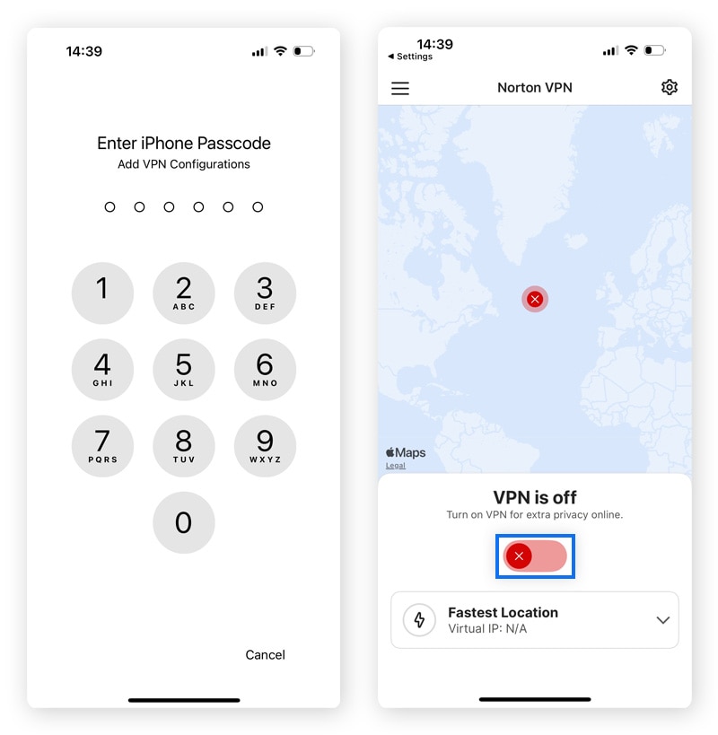 Screenshots showing how to set up the Norton VPN app on an iPhone.