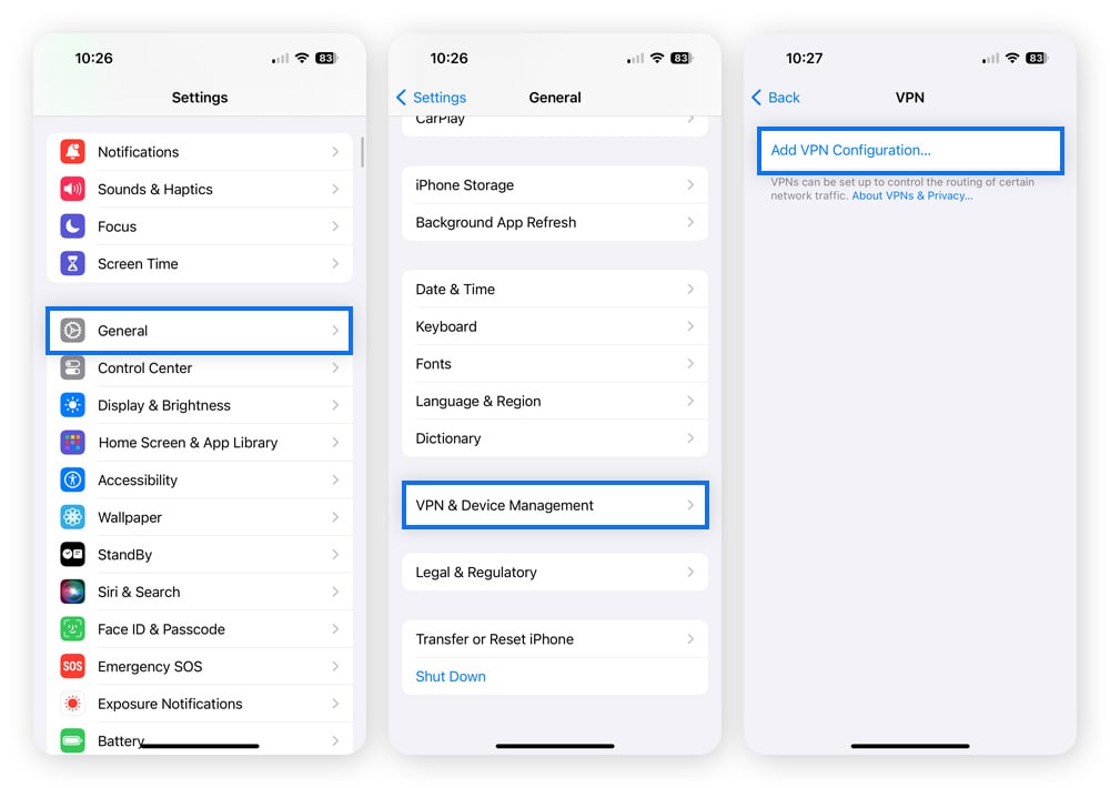 Screenshots showing how to configure VPN settings on an iPhone.