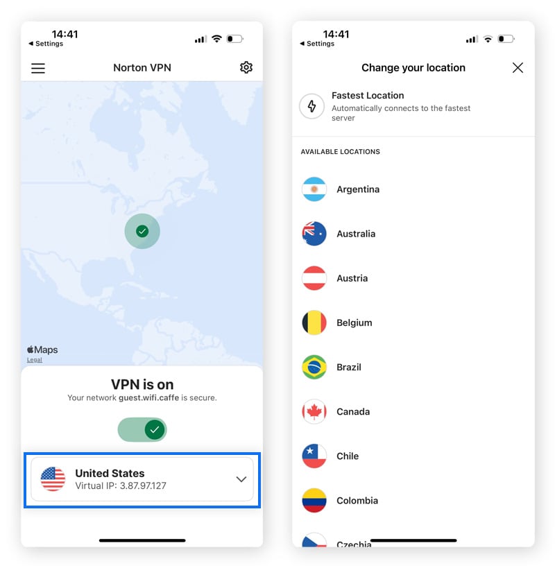 Screenshots showing how to use a VPN to change your location on iPhone.