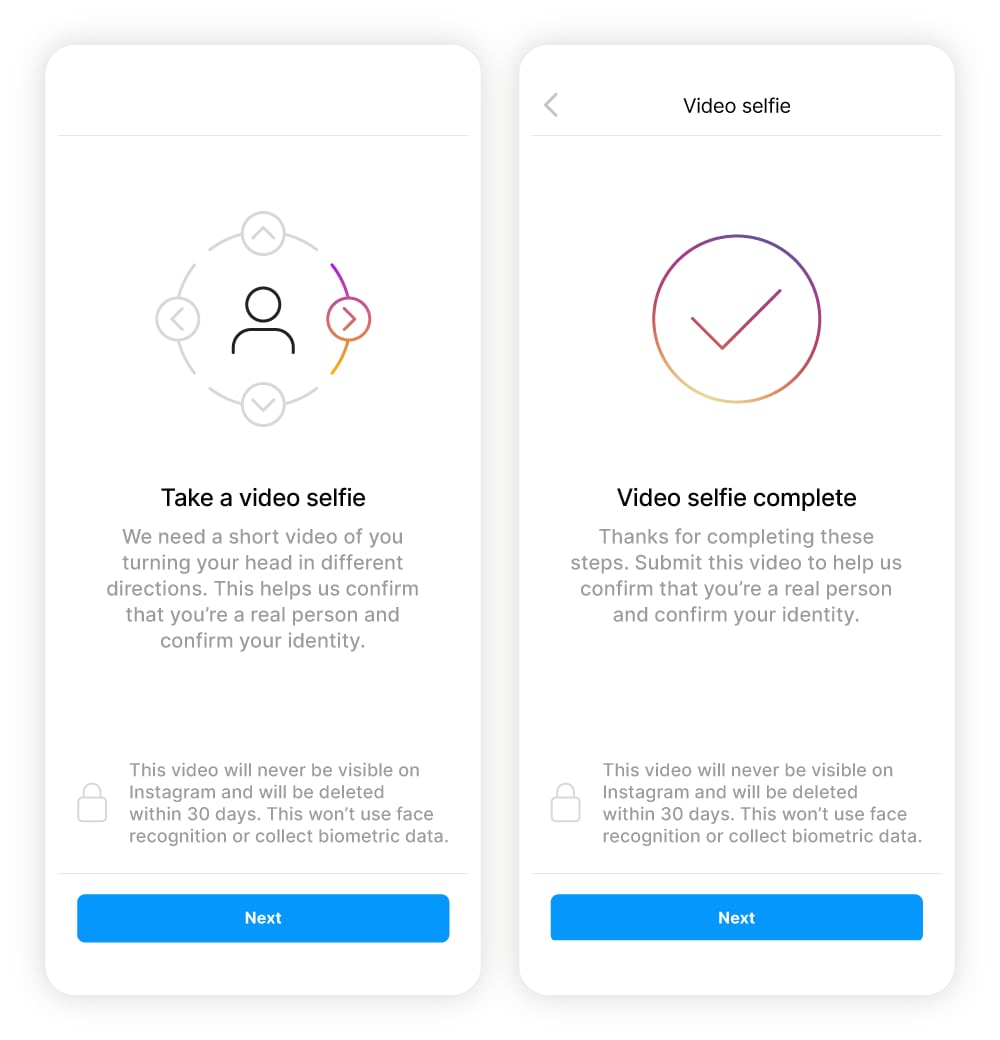Screenshots of the Instagram video selfie identification feature.