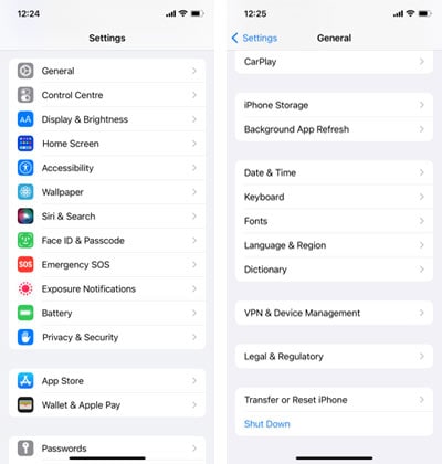 Navigating to the General menu in iOS Settings.