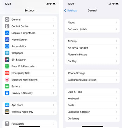 Navigating to the General menu in iOS Settings.