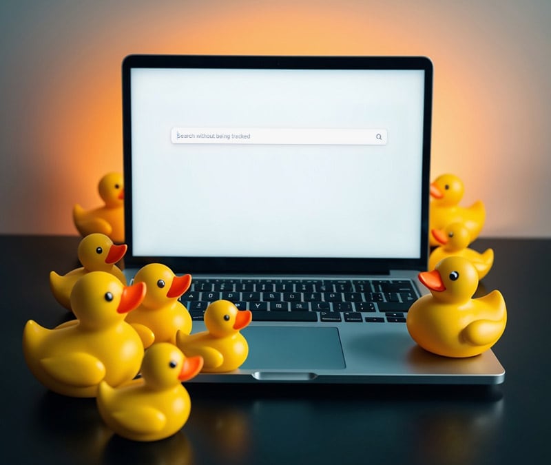 Rubber ducks ominously surrounding a laptop; a search bar representing DuckDuckGo is on the screen.