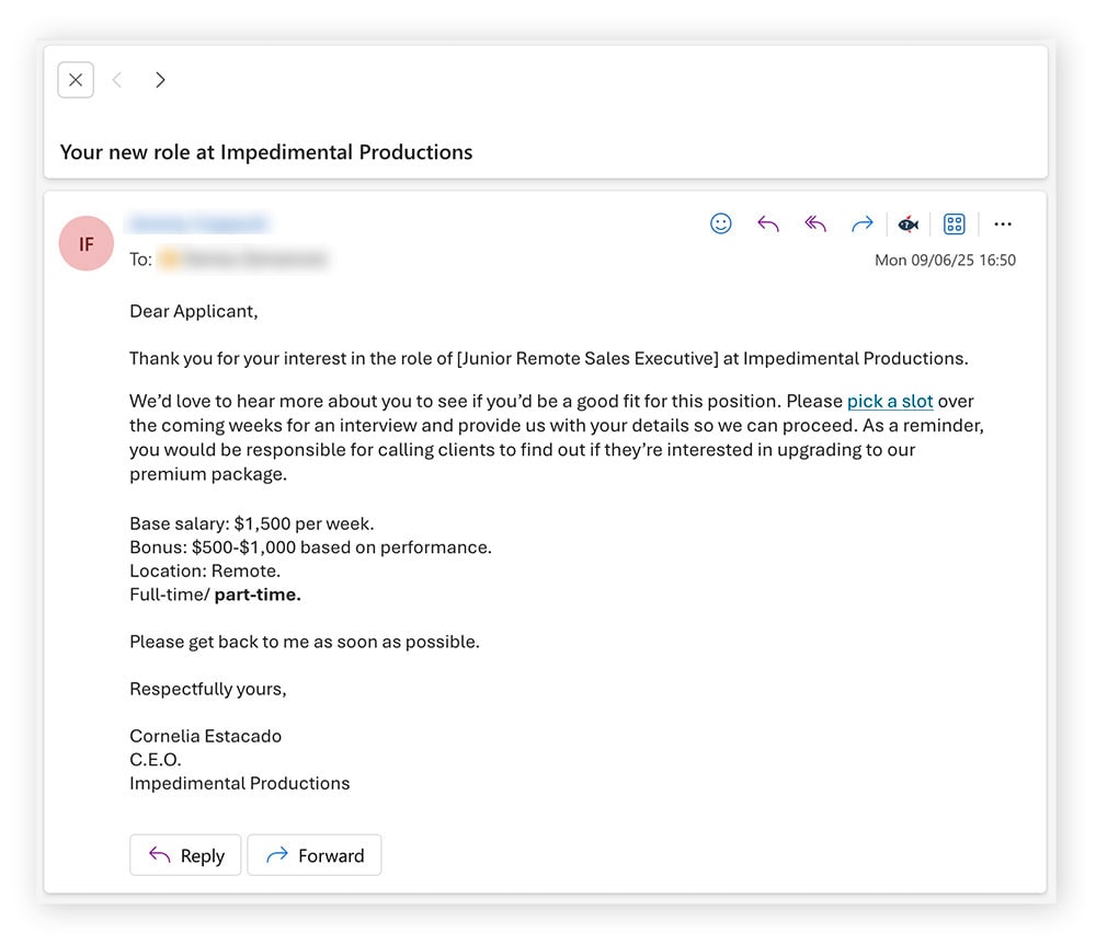 An email job scan containing a phishing link.