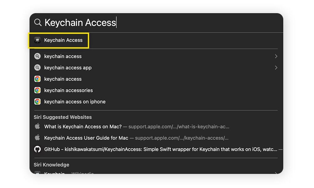 A screenshot of Spotlight search results for Keychain Access.