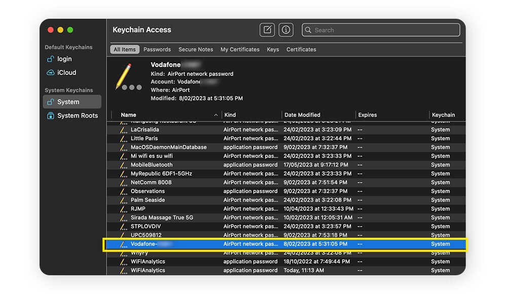 A screenshot of a Wi-Fi network selected in Keychain Access on a Mac.