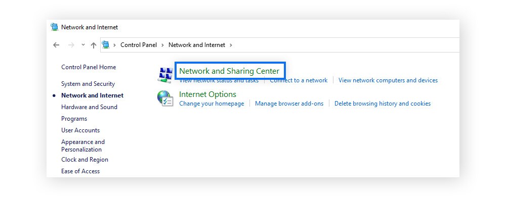 A screenshot of Network and Sharing Center highlighted in Windows.