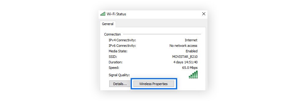 A screenshot of Wireless Properties highlighted in Windows.