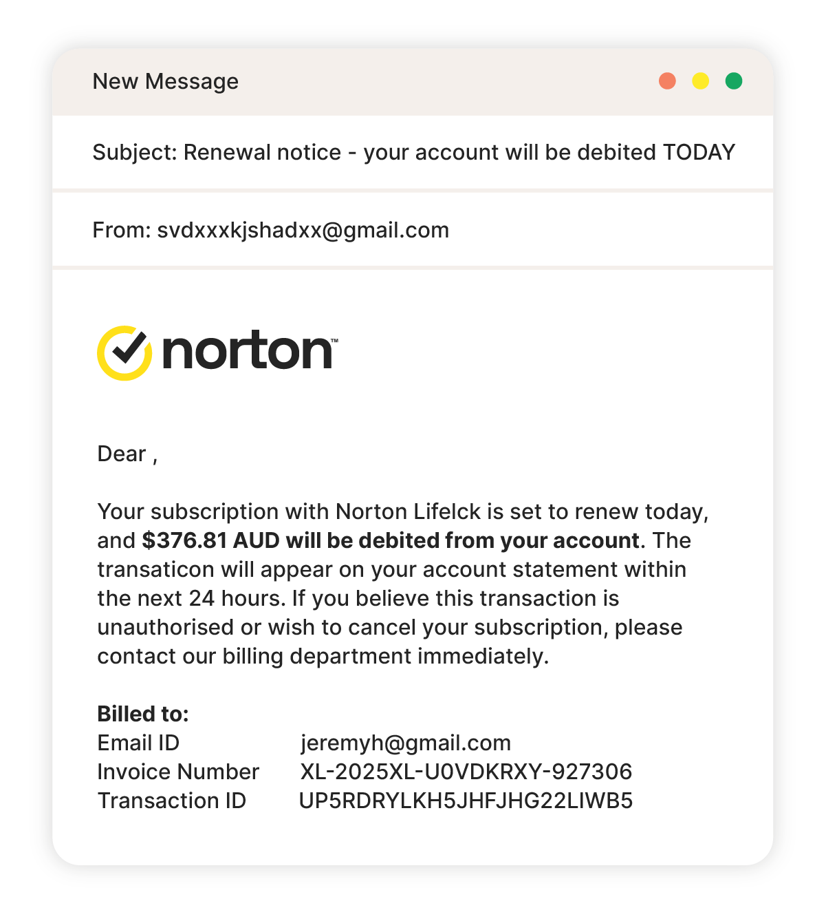 An example of an auto-renewal Norton email scam.