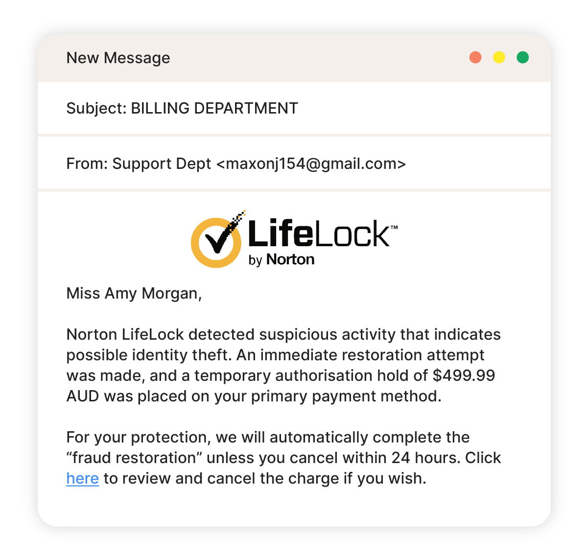 An example of a Norton email stolen identity scam.