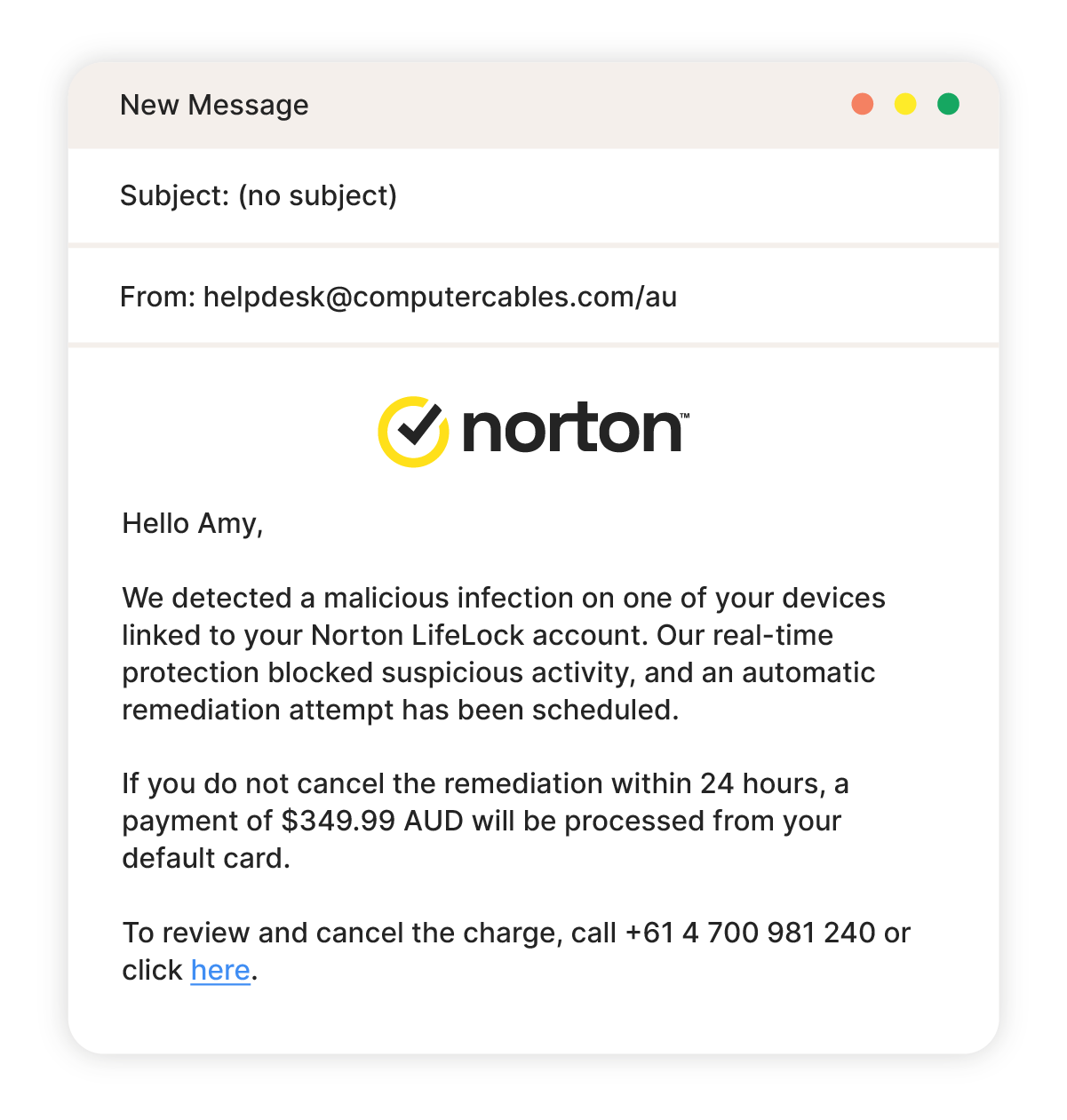 An example of a Norton email infected device scam.