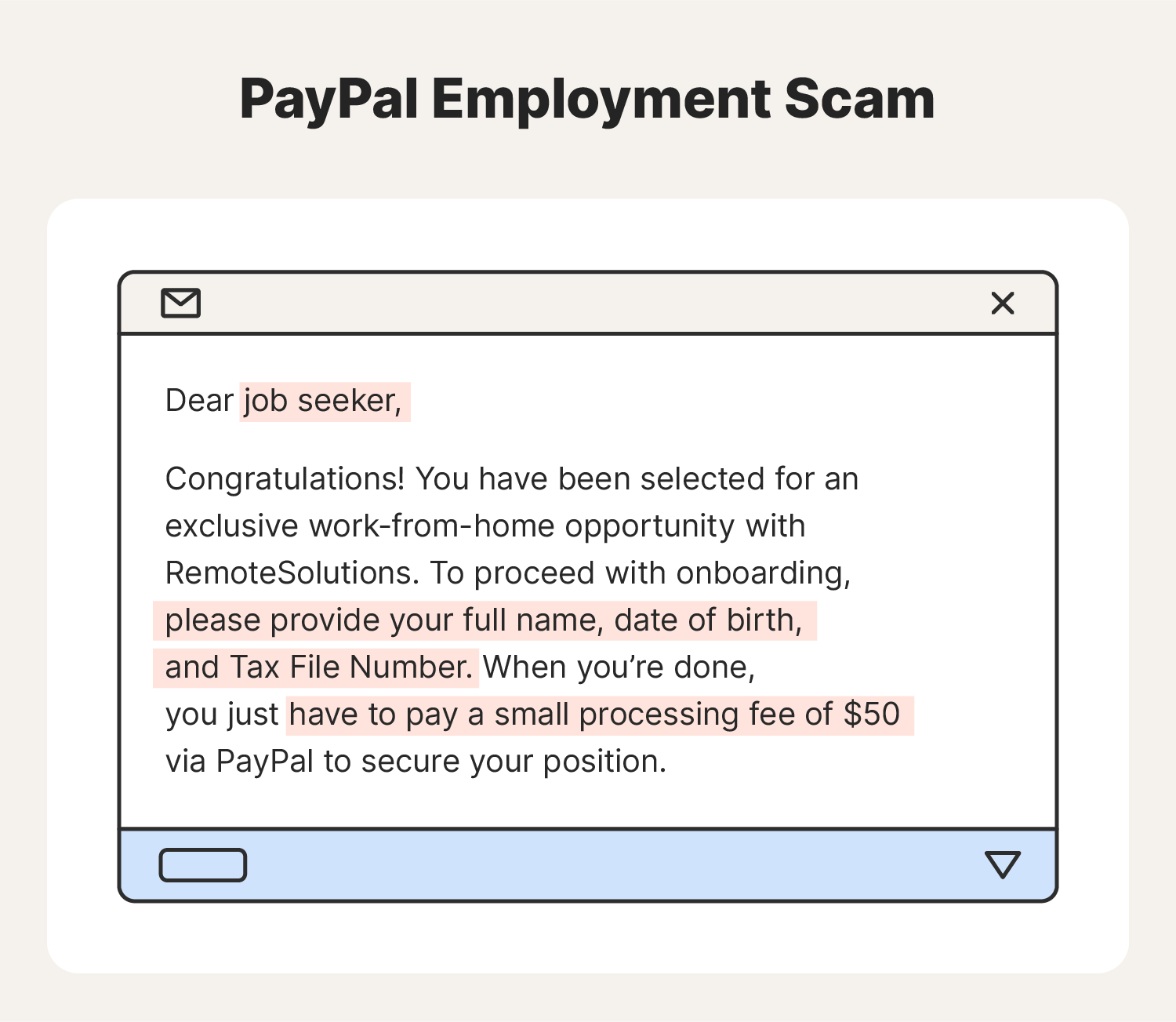 Example of a PayPal employment scam message.