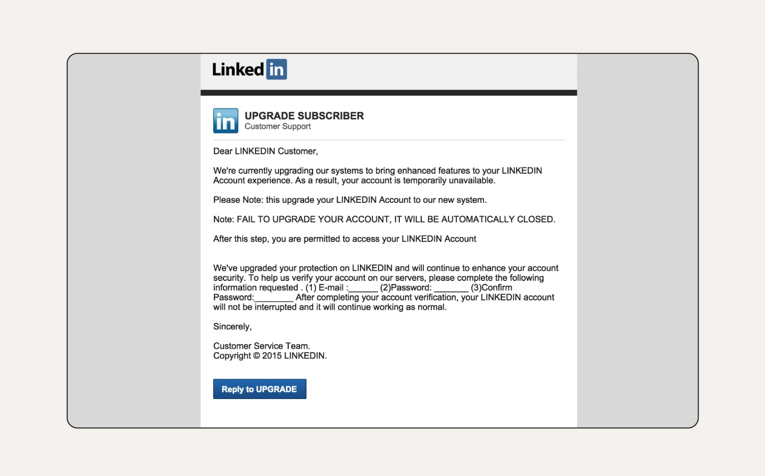 A LinkedIn social media phishing email example. 