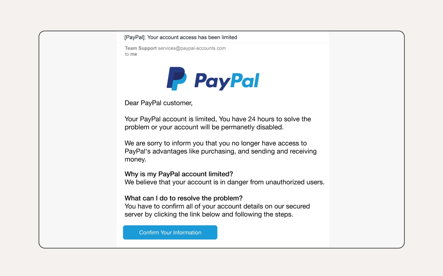 A PayPal phishing email example with a malicious link. 