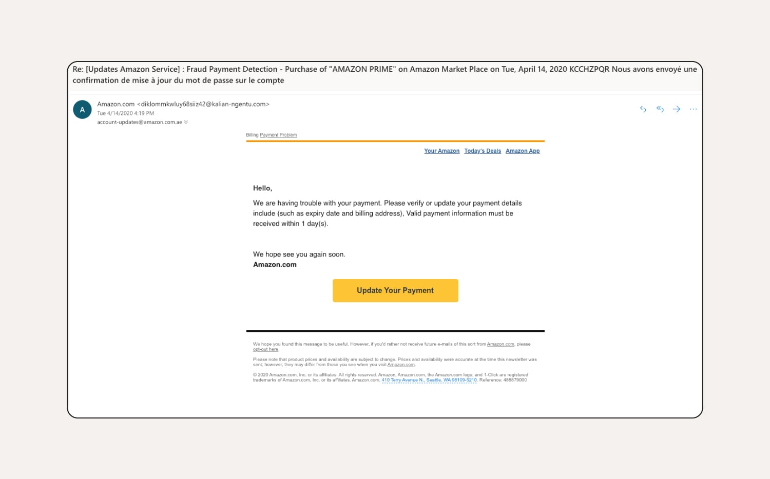 An example of an Amazon phishing email requesting updated payment details.