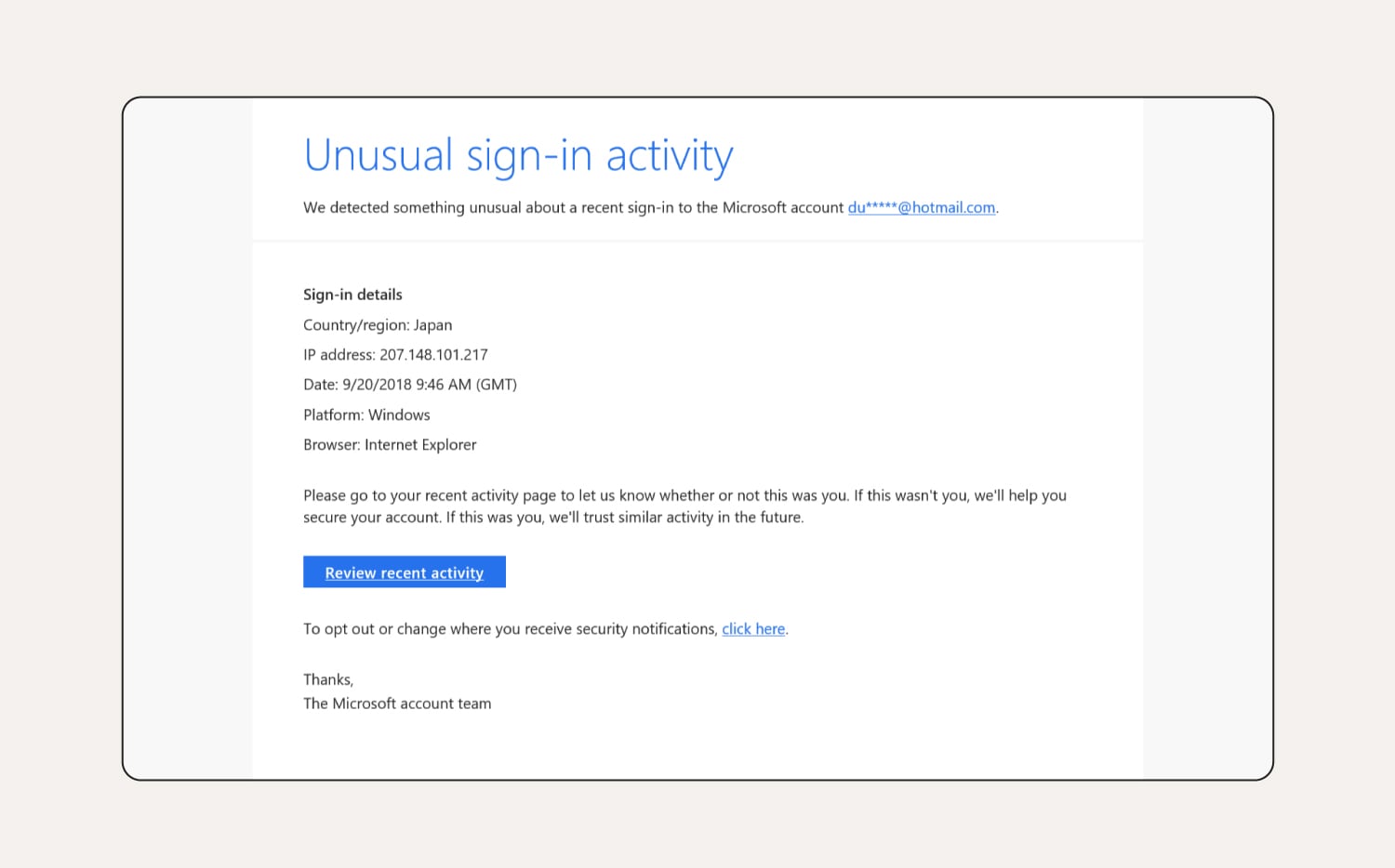An unusual activity phishing email example. 