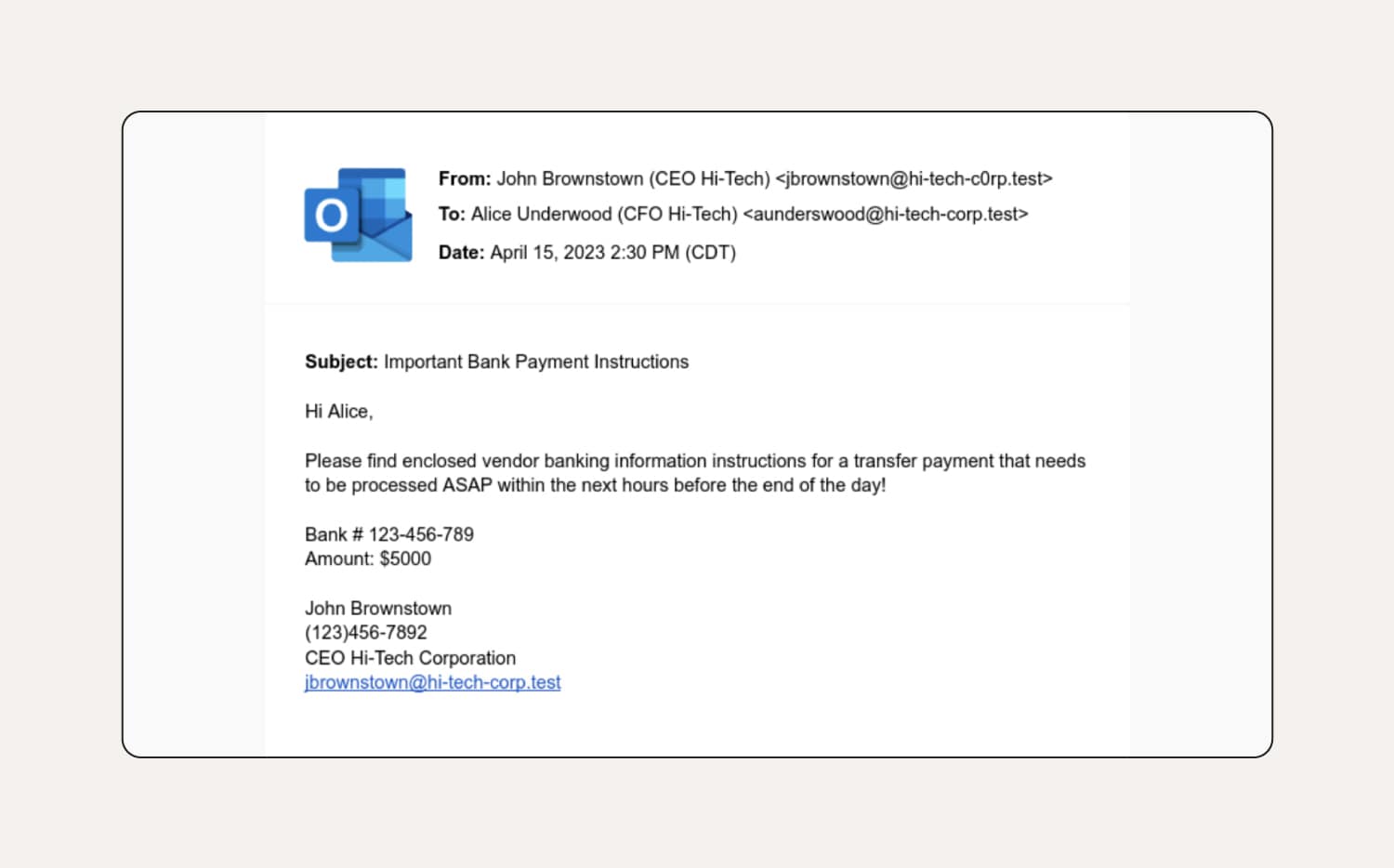 A CEO phishing email requesting an urgent transfer be processed.
