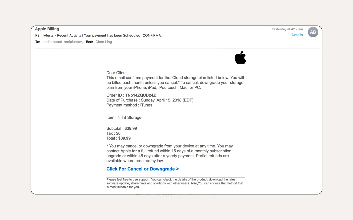 An iCloud storage phishing email example. 