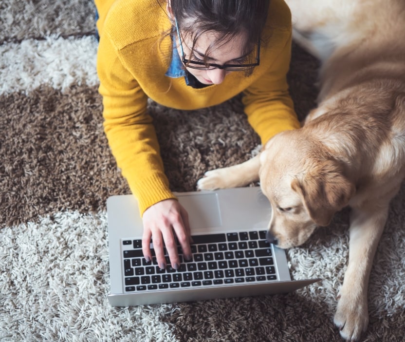 A woman lies down on the floor with her laptop in front of her and a dog with its nose on her keyboard.