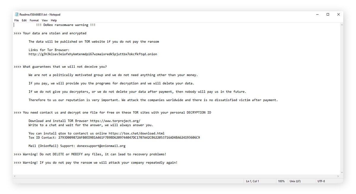 Example of a DoNex ransomware note.