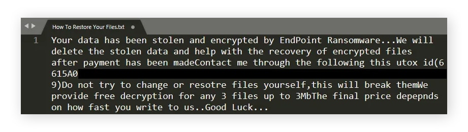 Example of a ransom note for the .endpoint variant of Midnight ransomware.