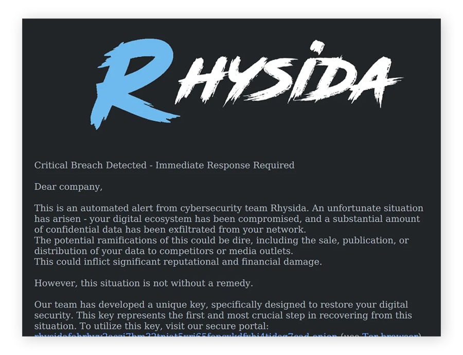 Example of a Rhysida ransom note.
