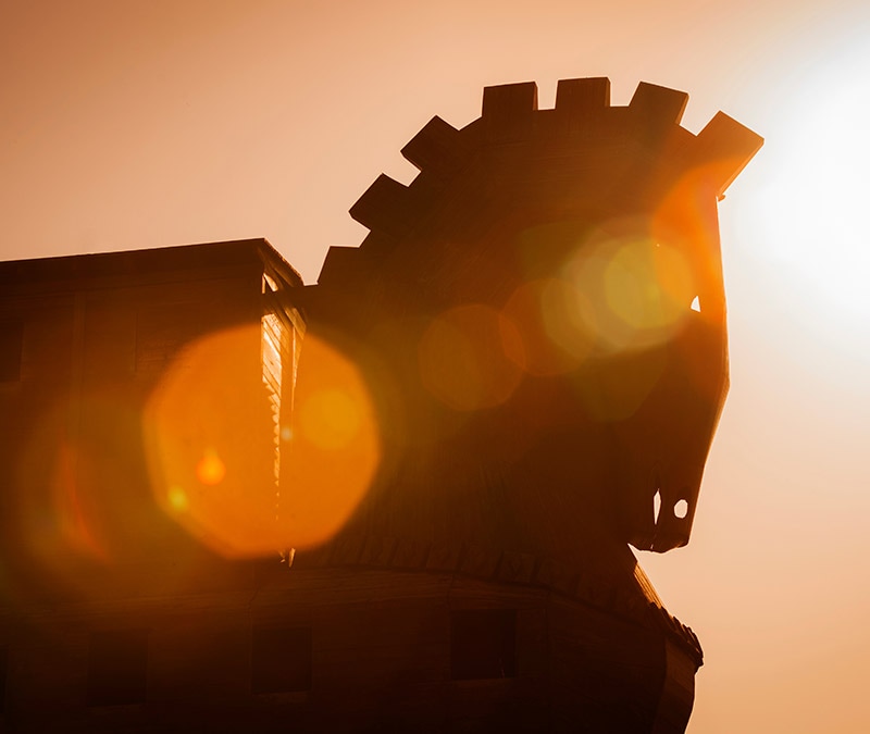 A silhouette of a Trojan horse during a sunset.