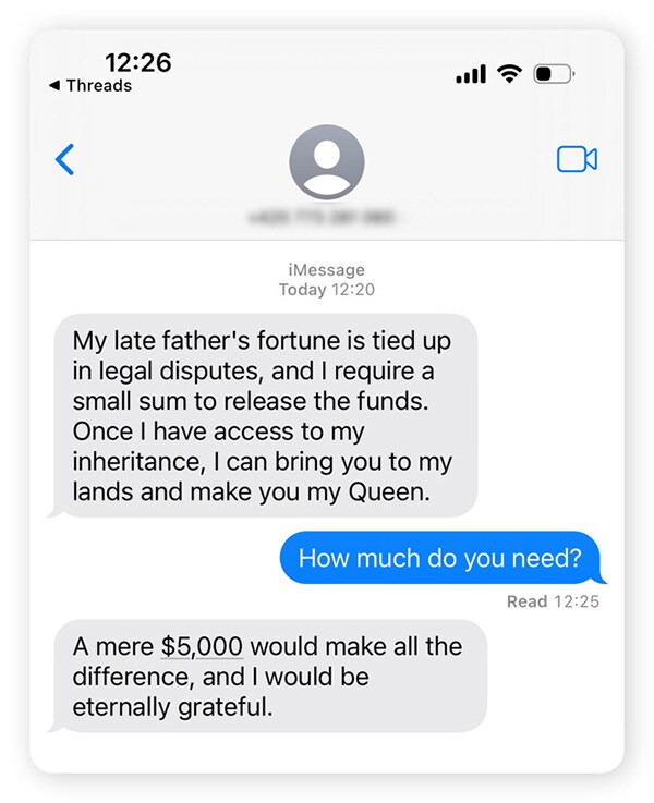 A Nigerian romance scam chat exchange.