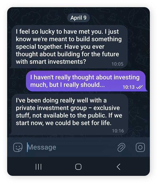 A cryptocurrency romance scam chat exchange.