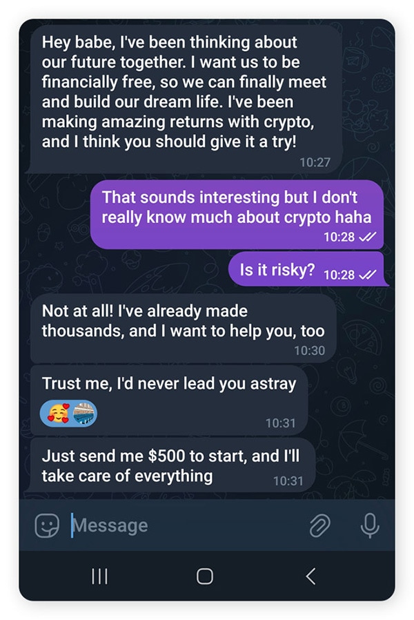 A pig butchering romance scam chat exchange.