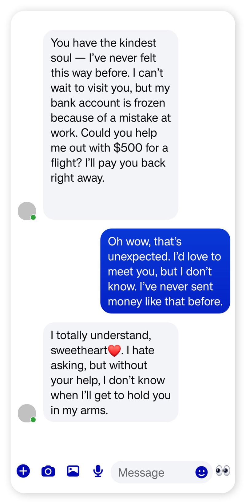 A Facebook romance scam chat exchange.