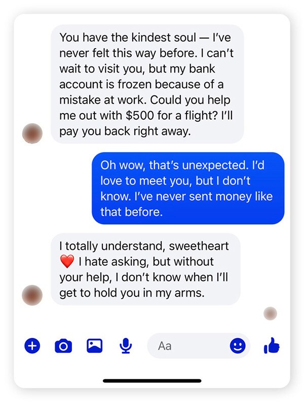 A Facebook romance scam chat exchange.