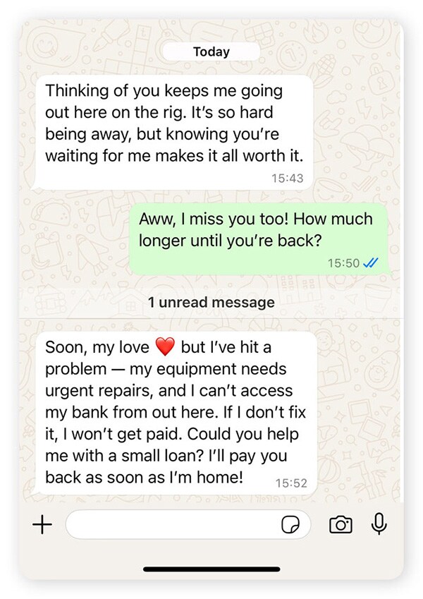 An oil rig romance scam chat exchange.