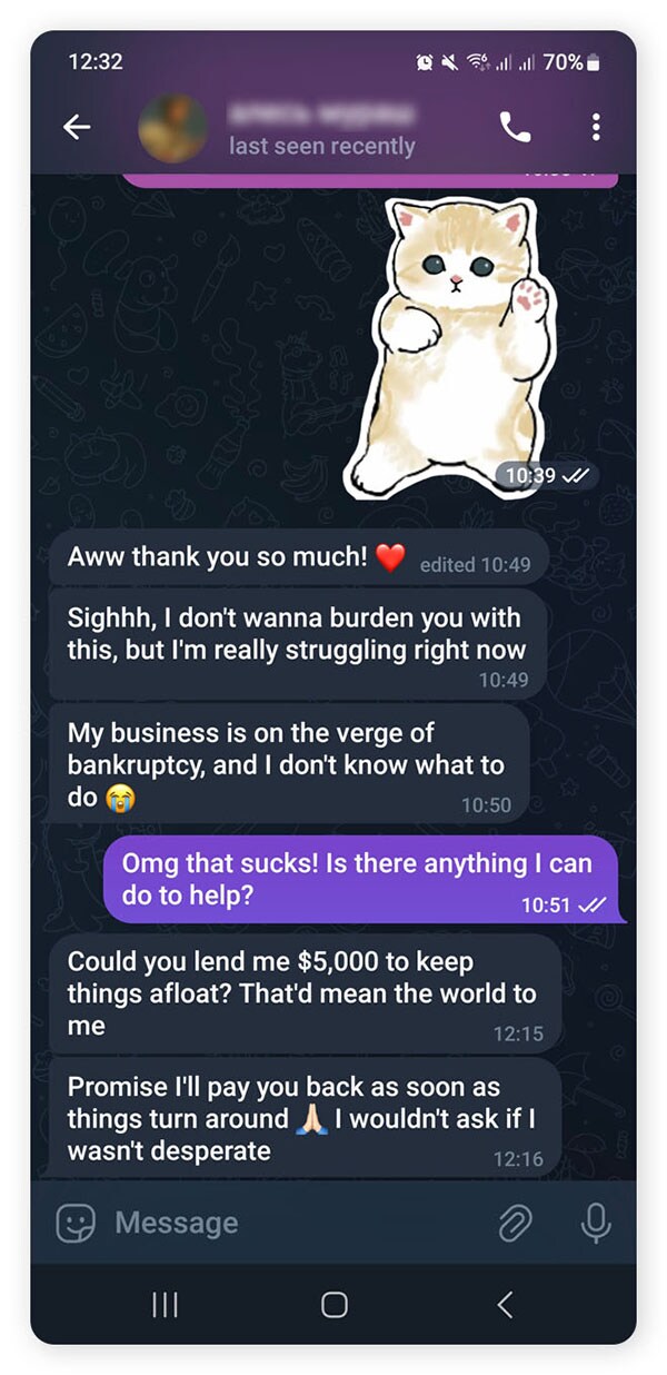 A Telegram romance scam chat exchange.