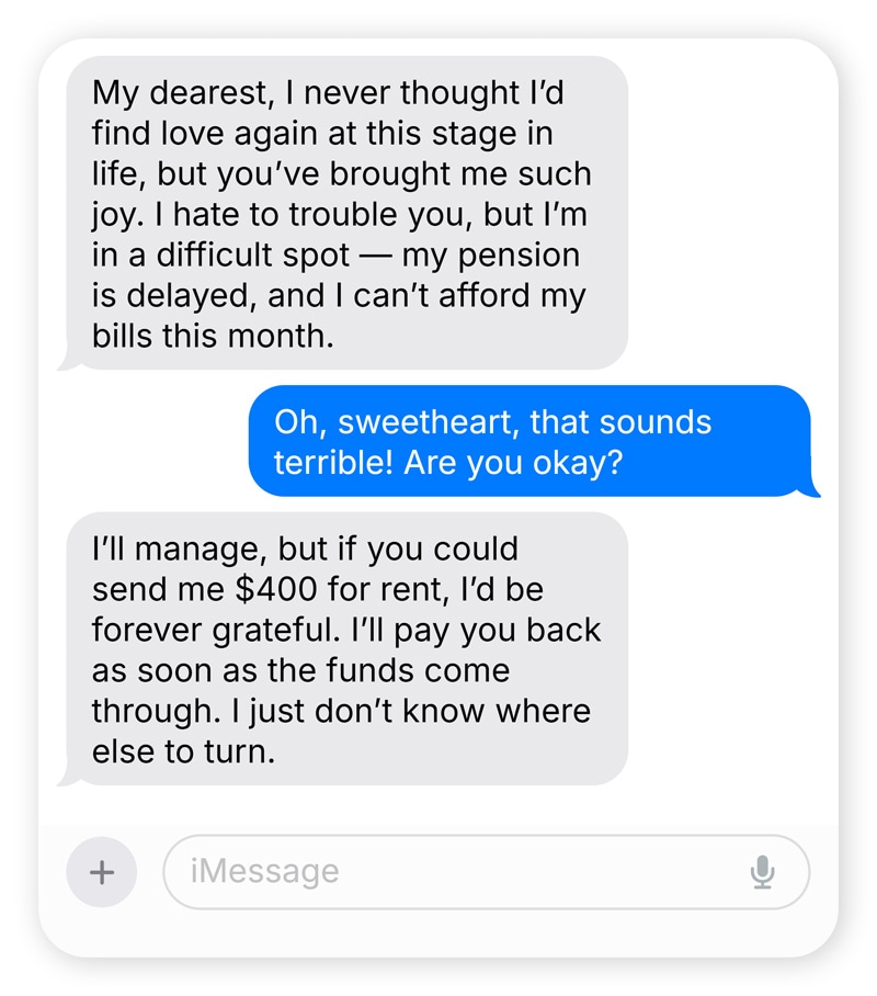 A senior romance scam chat exchange.