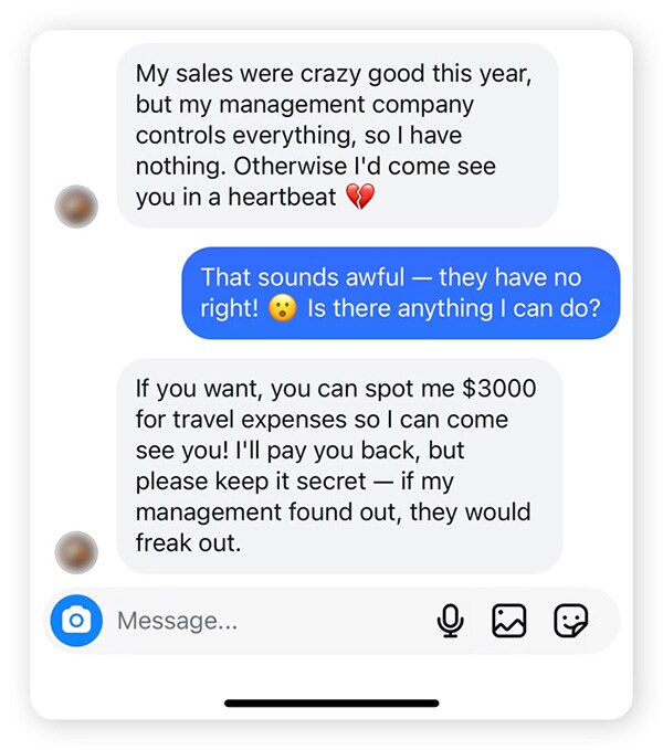 A celebrity romance scam chat exchange.