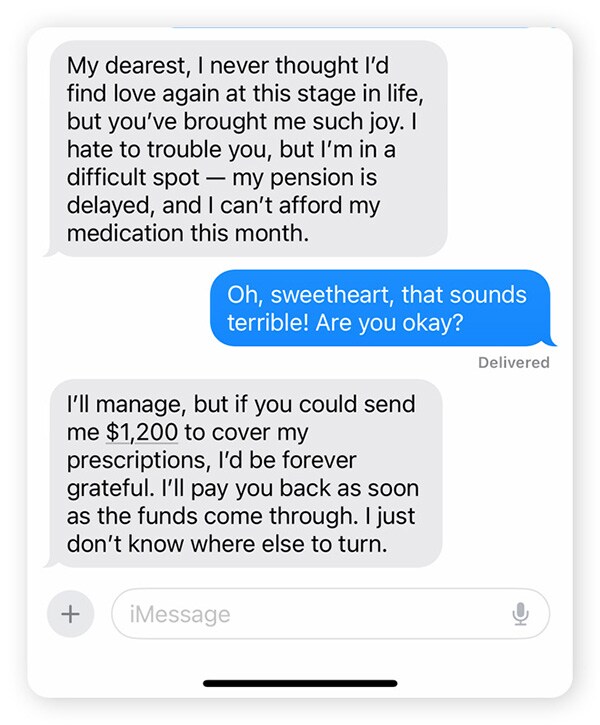 A senior romance scam chat exchange.