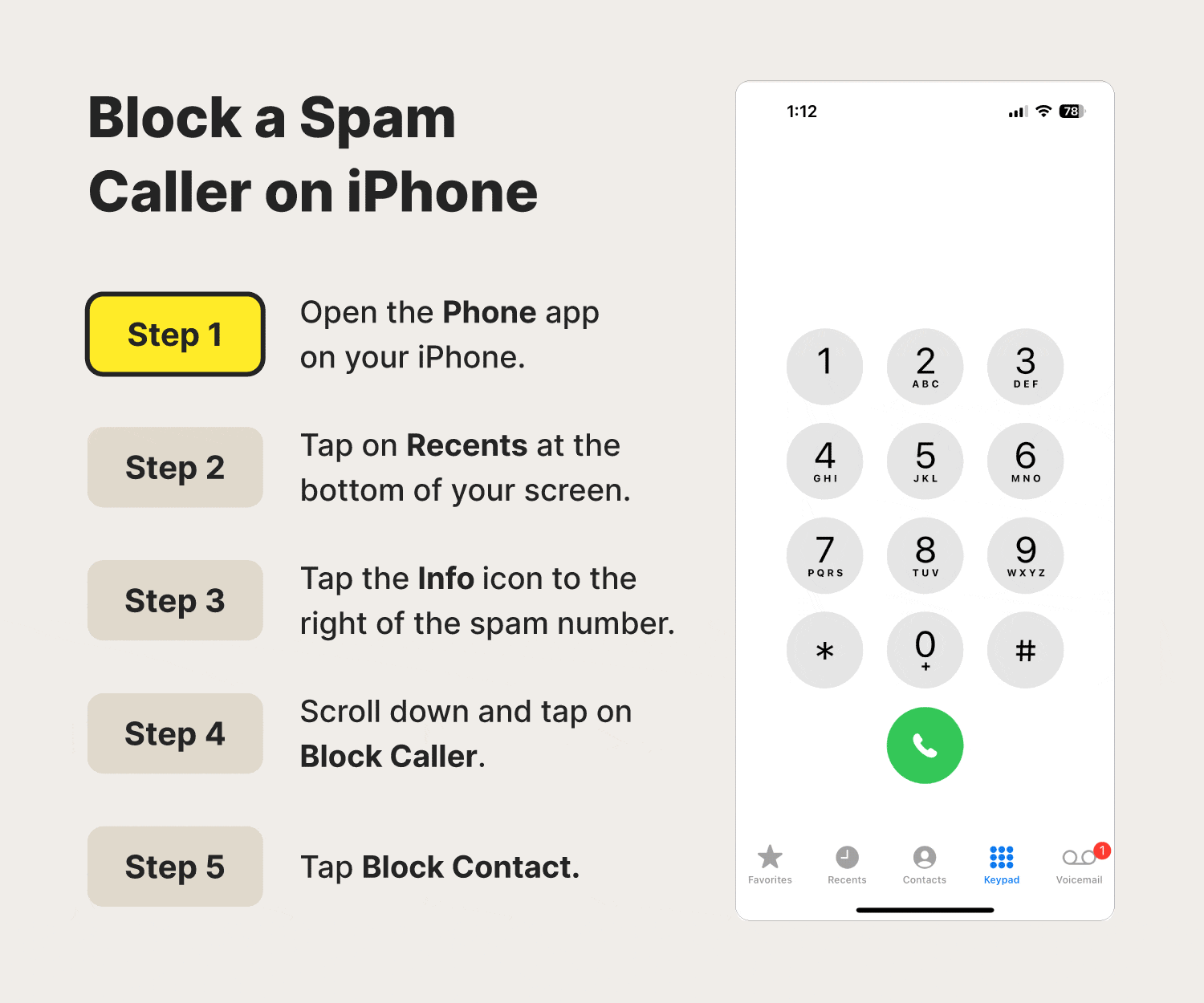 An image showing how to block a spam or scam caller on an iPhone.