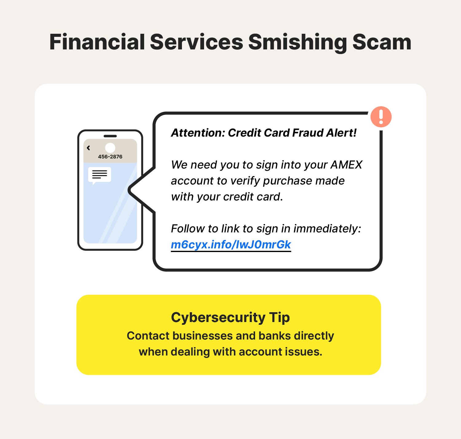 An illustration accompanies an example of a financial services smishing scam paired with a smishing attack protection tip.