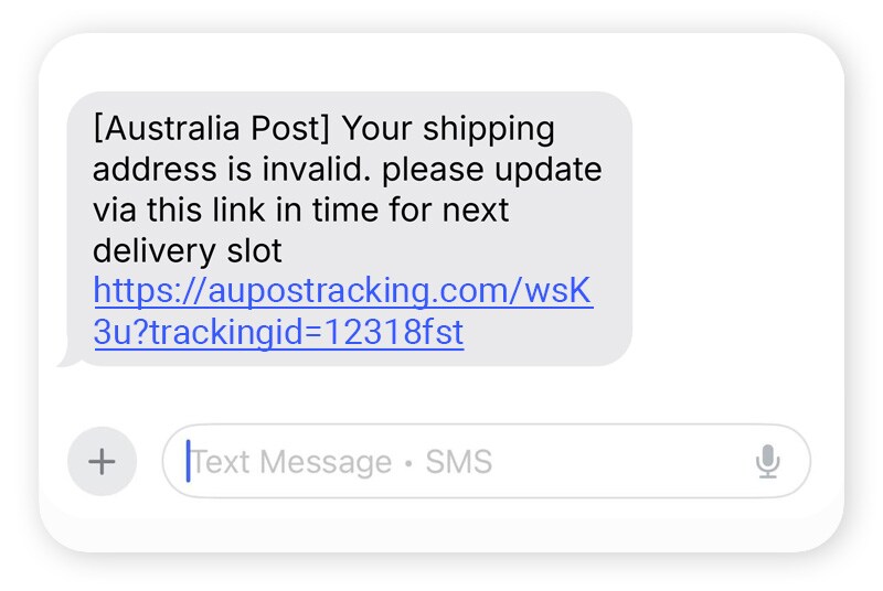 An example of a spoofing SMS from a fake Australia Post account.