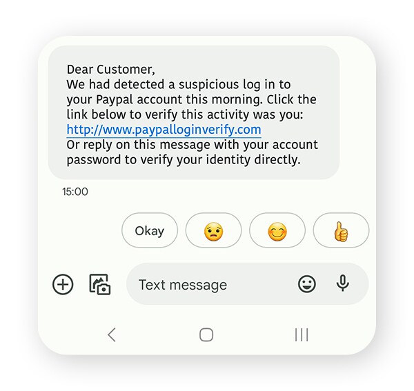 An example of a spoofing SMS from a fake PayPal customer service account.
