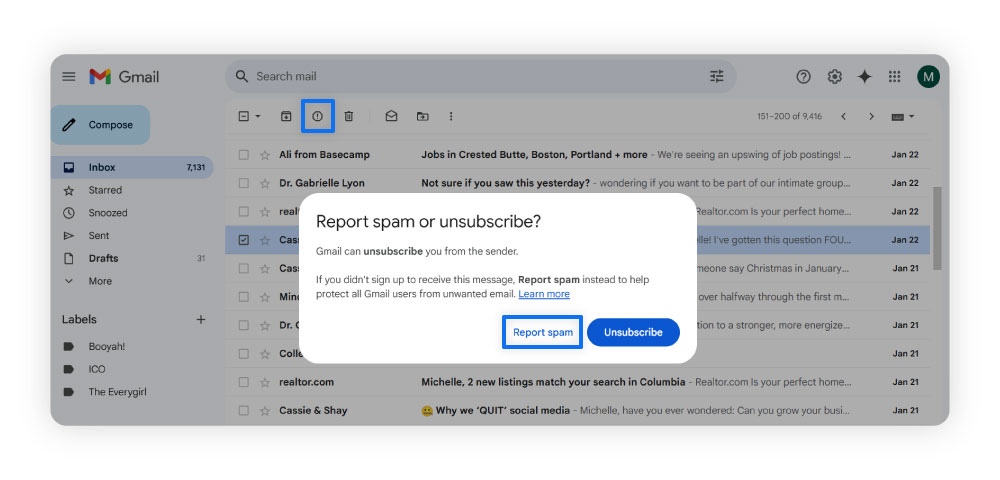 Directions for how to mark spam in Gmail.