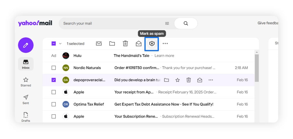 Directions for how to mark spam in Yahoo Mail.