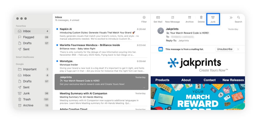 Directions for how to mark spam in Apple Mail.