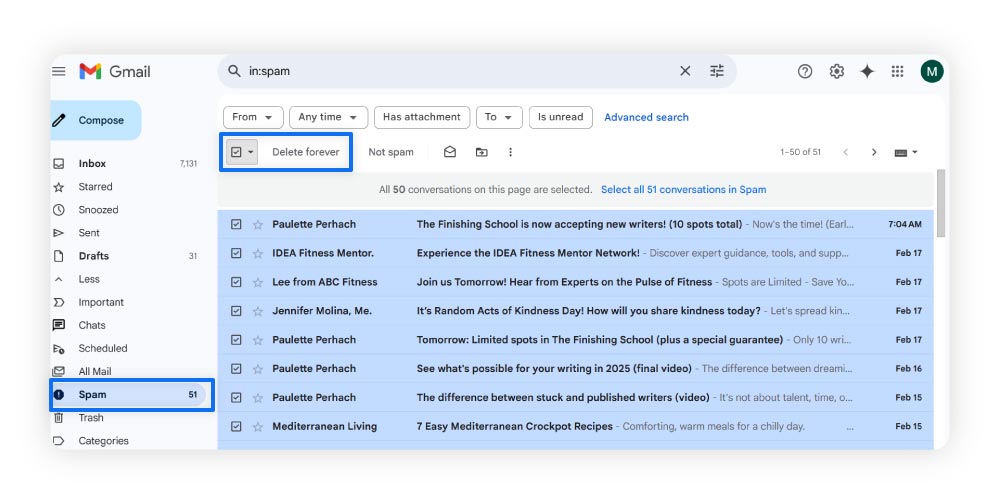 Directions for how to delete spam in Gmail.