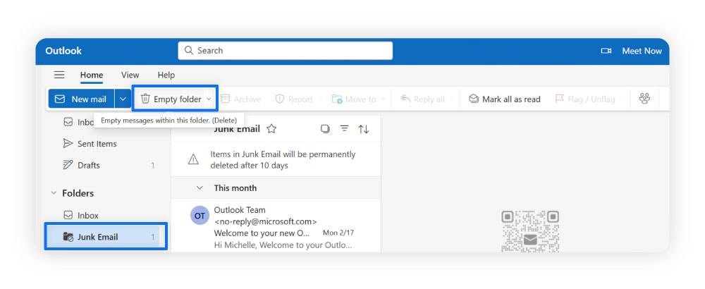Directions for how to delete spam from Microsoft Outlook.