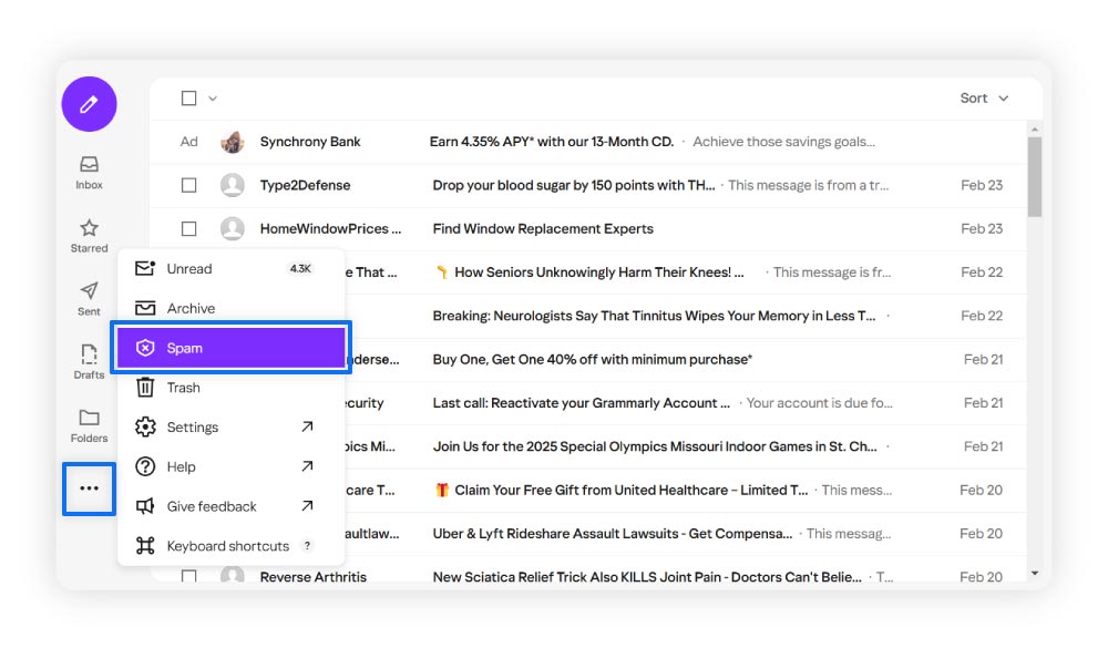 Directions for how to delete spam from Yahoo Mail.